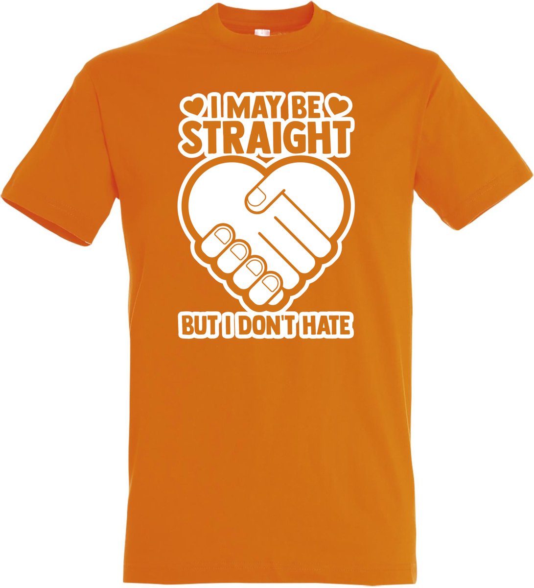T-shirt I May Be Straight | Regenboog vlag | Gay pride kleding | Pride shirt | Oranje | maat L